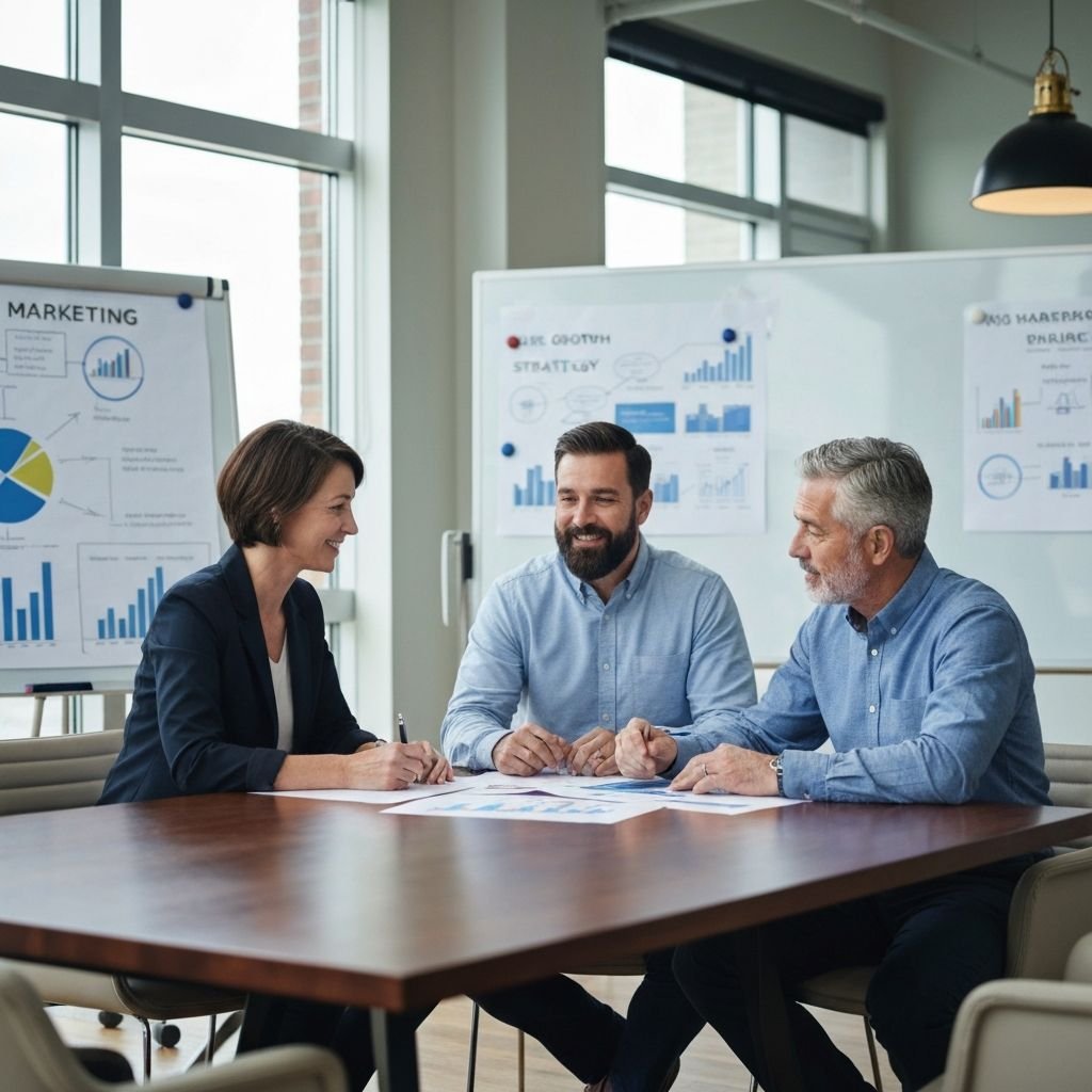 Senior marketing team reviewing a growth strategy plan