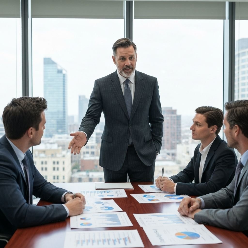 Senior business team reviewing strategy in a boardroom